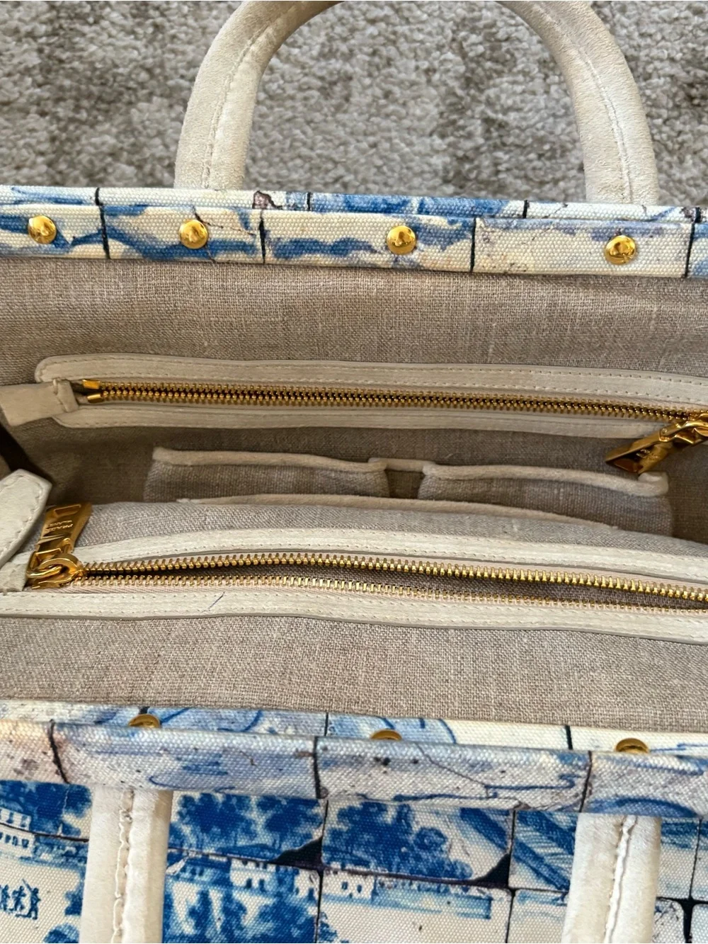 Prada Blue and White Scenic Satchel with Cream Handles